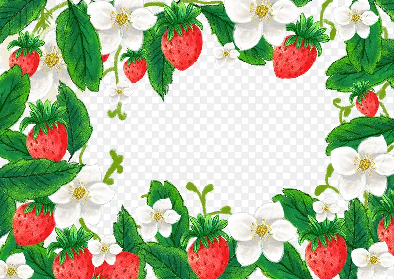 手绘插画新鲜草莓果实与绿叶