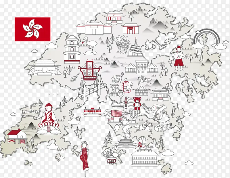 手绘香港旅游地形图