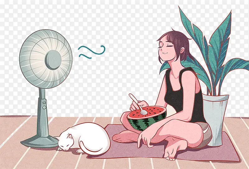 夏季吹风扇吃西瓜的女孩