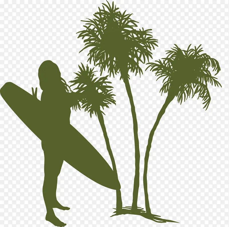 夏季女子冲浪板椰子树矢量素材
