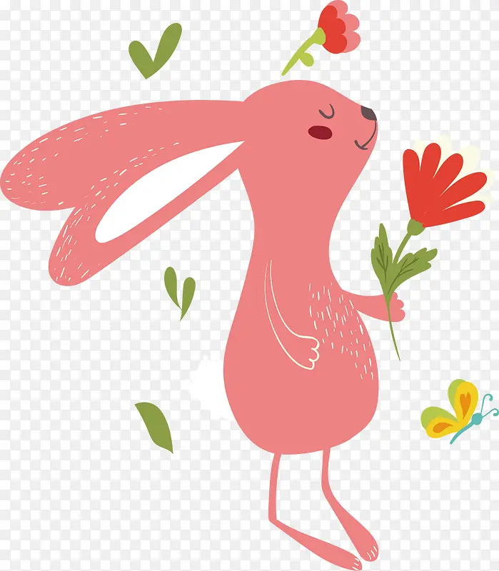 矢量图水彩粉色拿花的兔子