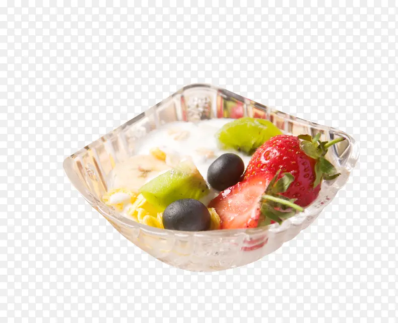 玻璃碗的水果麦片早餐