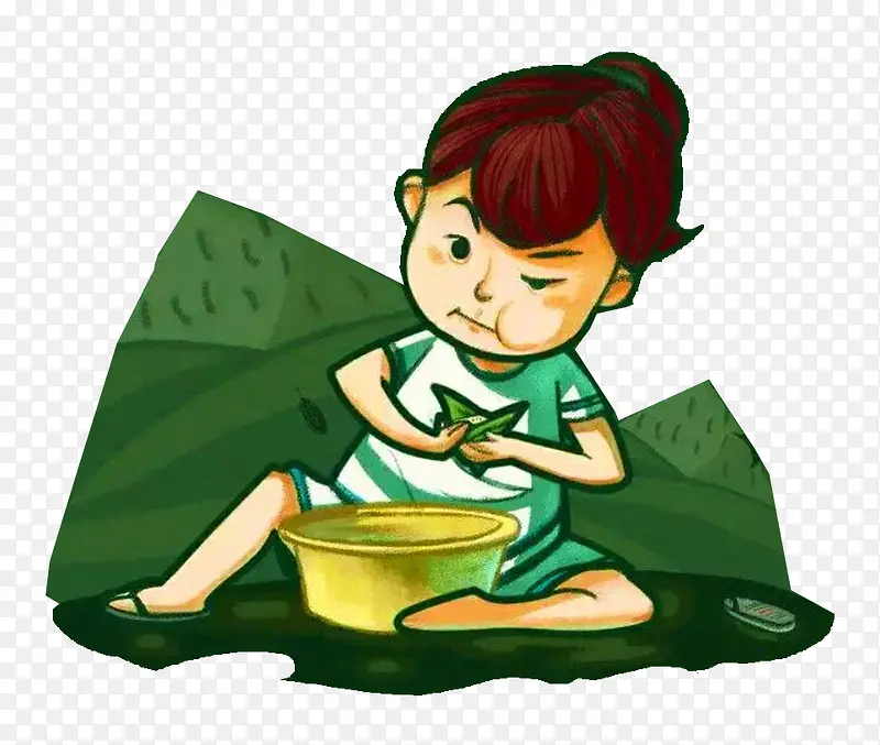 绿色传统包粽子卡通插画