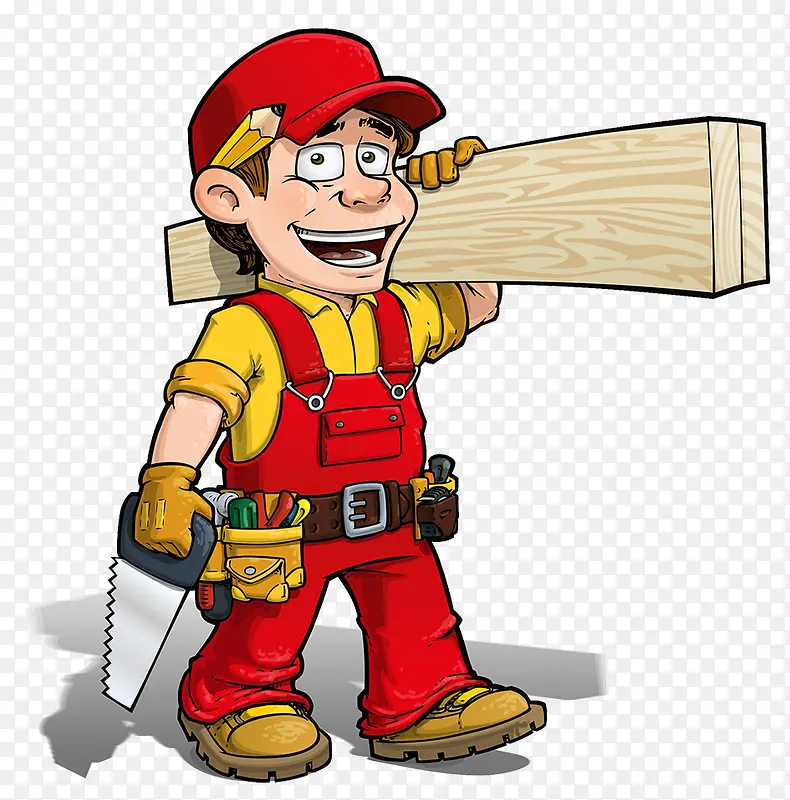 扛着木板拿着锯子的装修工师傅