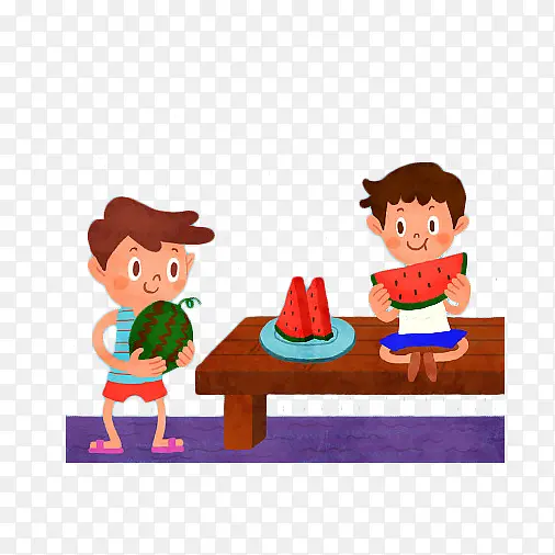卡通两个小朋友吃西瓜