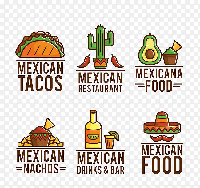 6款彩色墨西哥食物标志矢量