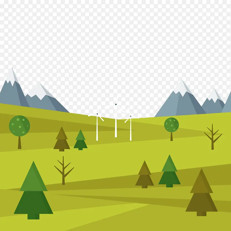绿色山地与风车风景矢量图