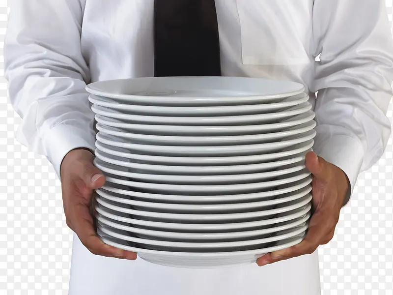 服务员抱着一叠盘子