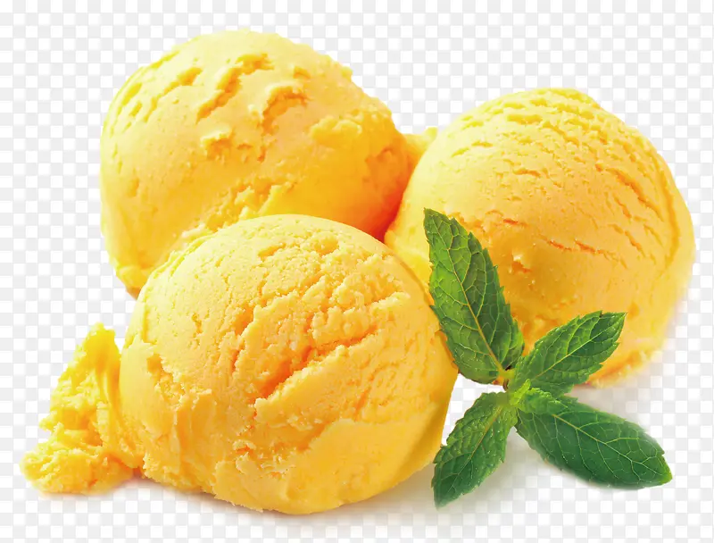 黄色芒果冰激凌球薄荷叶