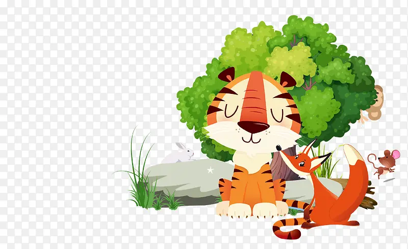 卡通图案老虎与树木