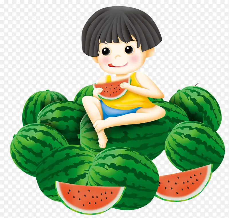 吃西瓜的小孩插画夏天