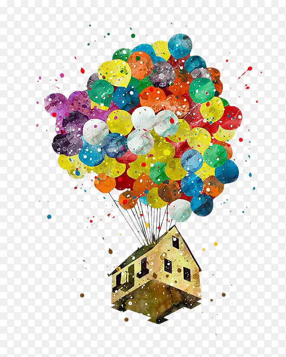 被气球吊着升空的房屋