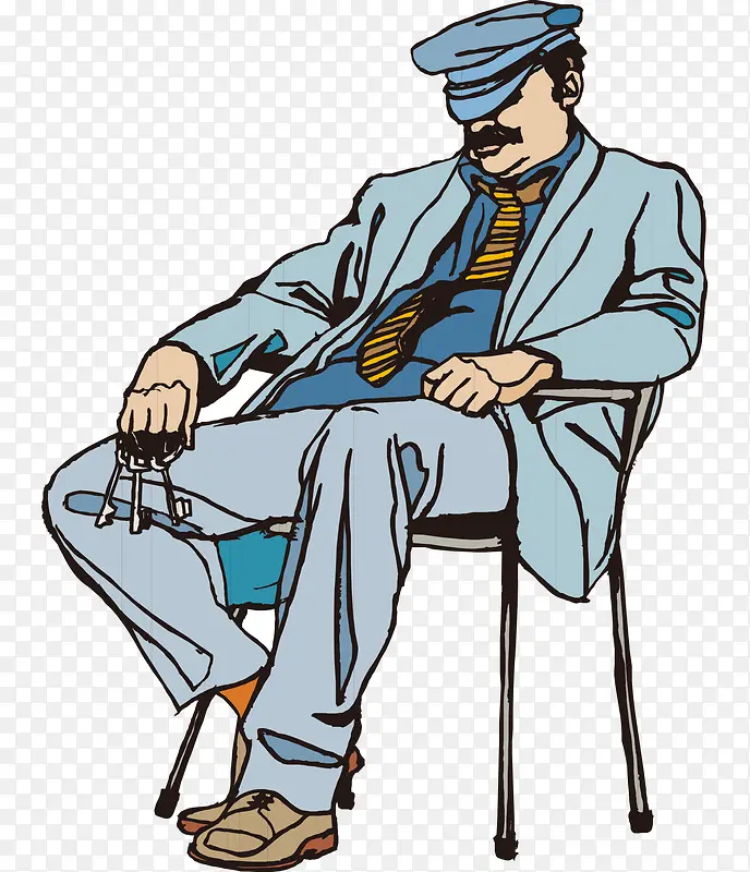 卡通手绘戴帽子坐椅子睡觉男人