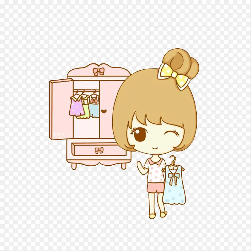 卡通站衣橱前拿着衣服的女孩素材