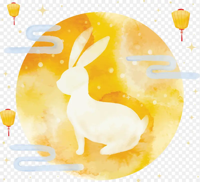 水彩手绘玉兔和月亮