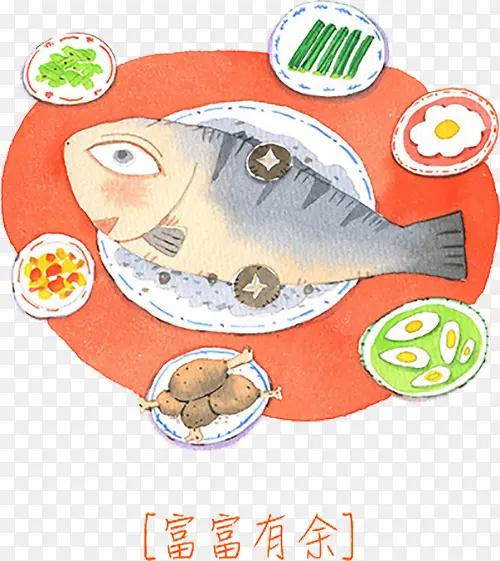 手绘盘子里的美味鱼
