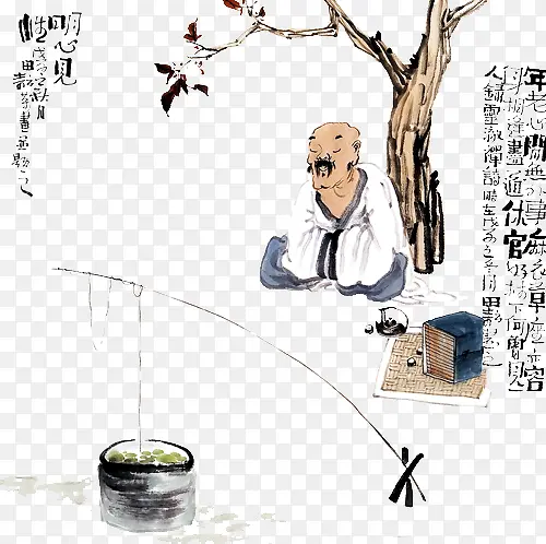 钓鱼喝茶风景人物画