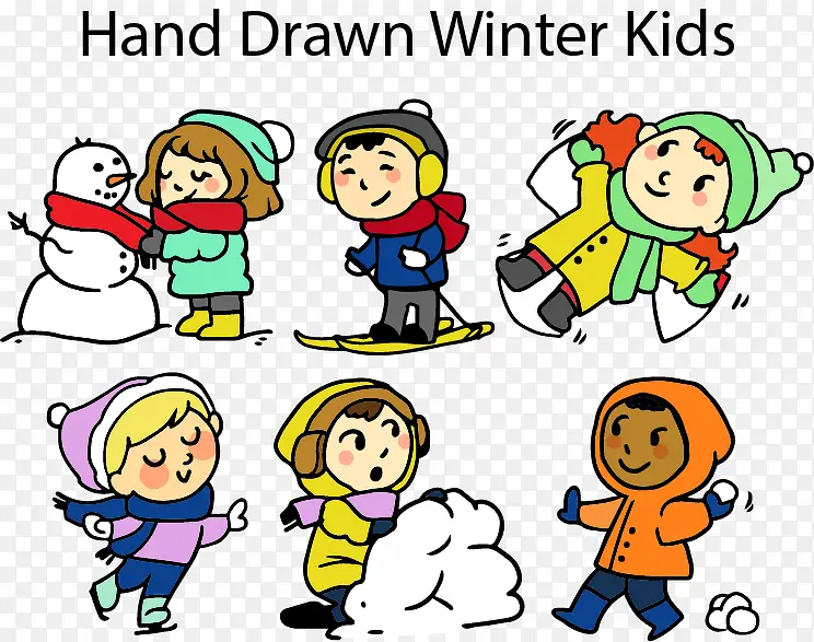 手绘冬季的孩子们
