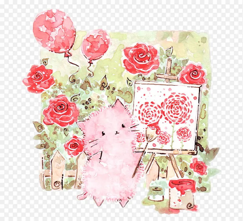 可爱的粉色猫咪和红色玫瑰花