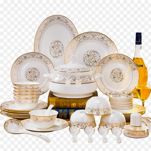 描金边的餐具瓷碗