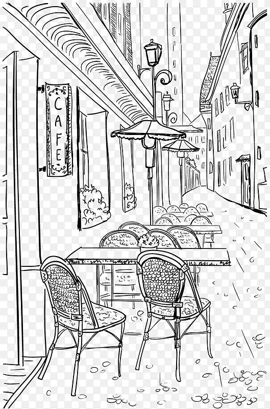 铅笔速写手绘露天咖啡厅