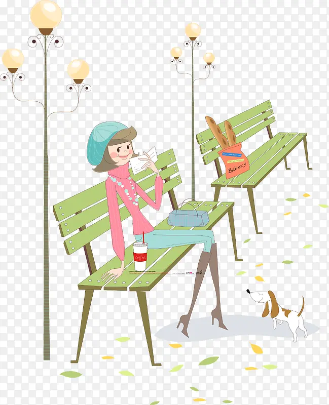 卡通女人在公园长椅上