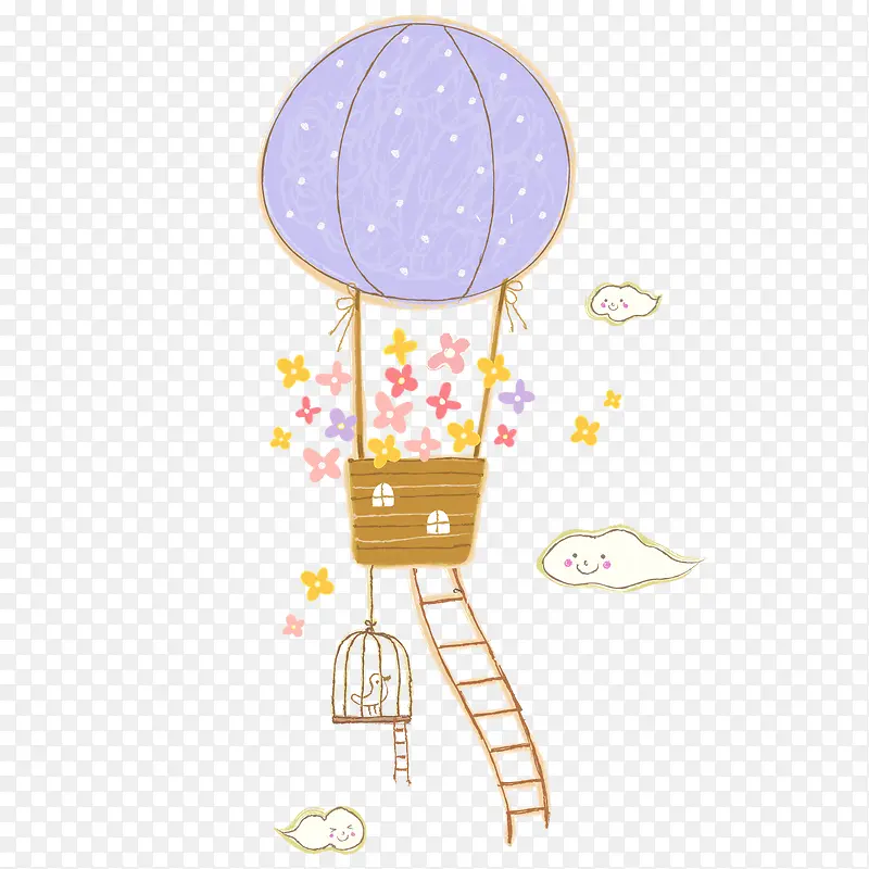手绘卡通热气球上绳梯