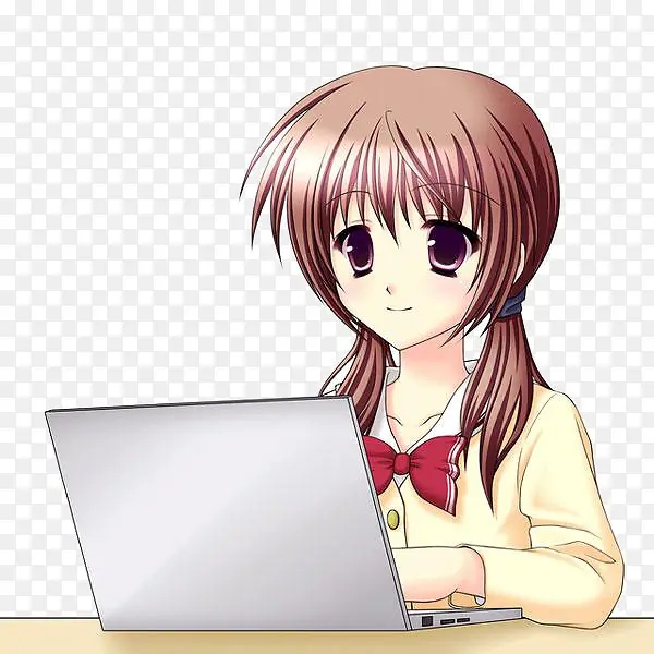 卡通女孩看电脑