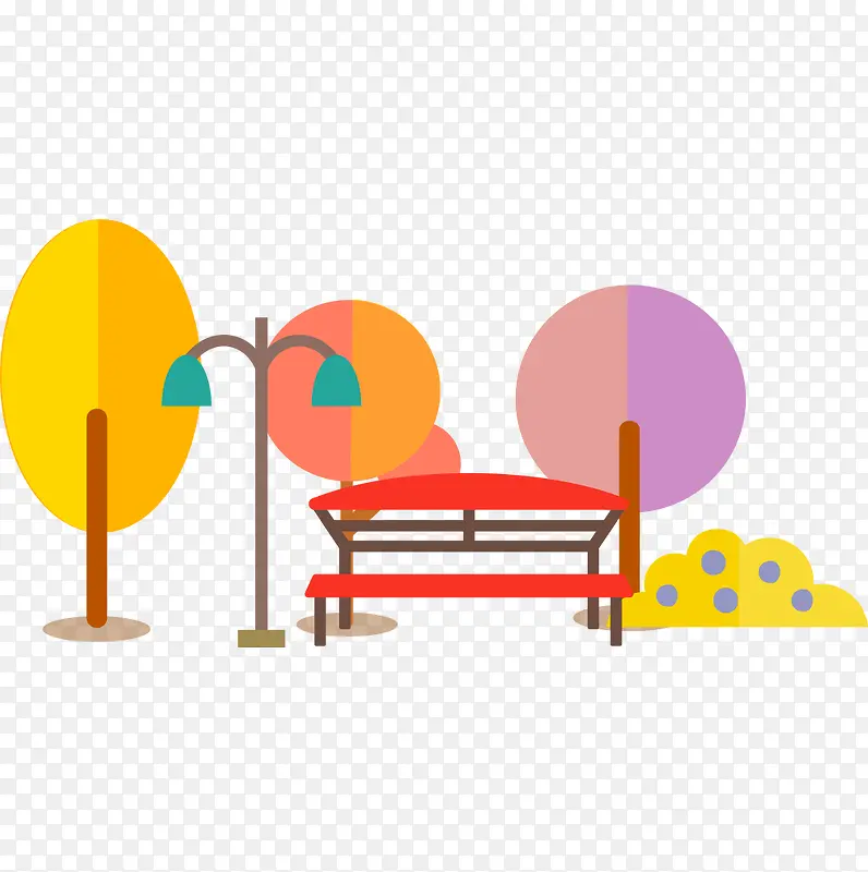 矢量彩色公园树木木椅