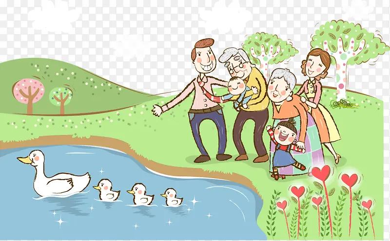 卡通插图一家人湖边草地看鸭子