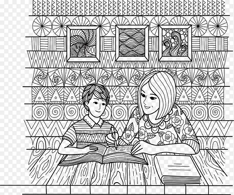 矢量线描妈妈教小孩学习PNG图片素材下载_图片编号8493945-PNG素材网