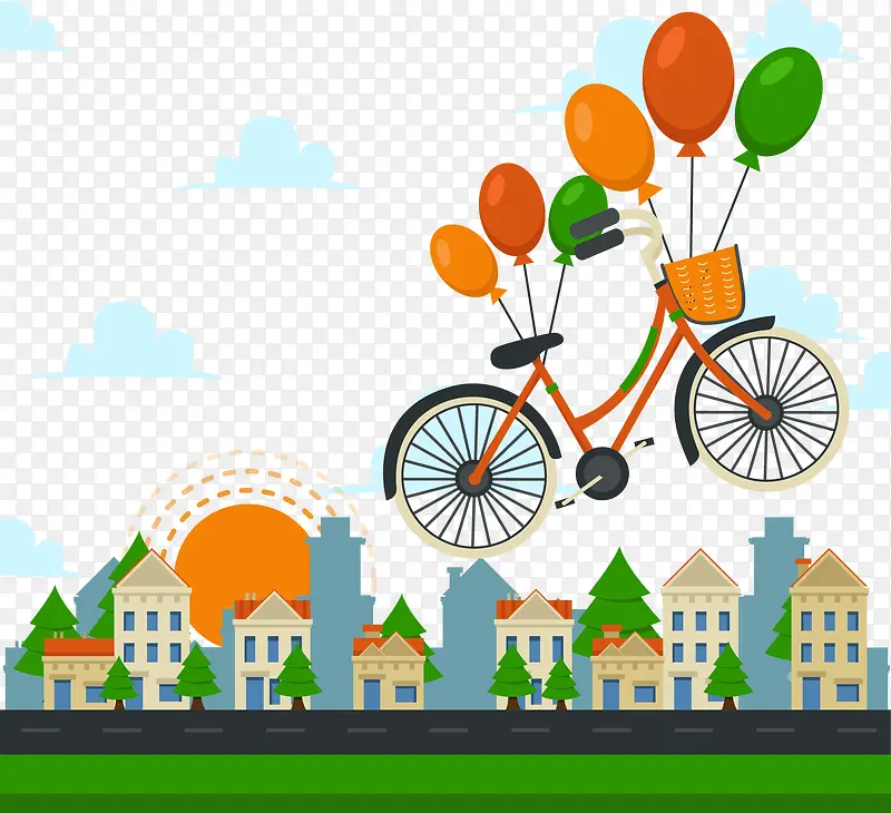 矢量手绘绑着气球飞起来的自行车