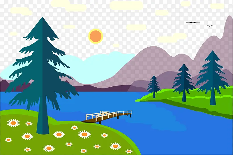 扁平湖边风景插图矢量图