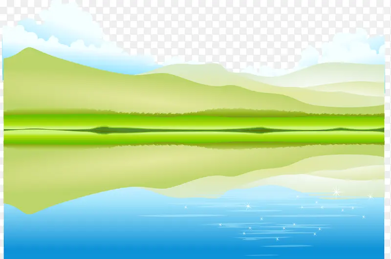 卡通山下湖边风景矢量图