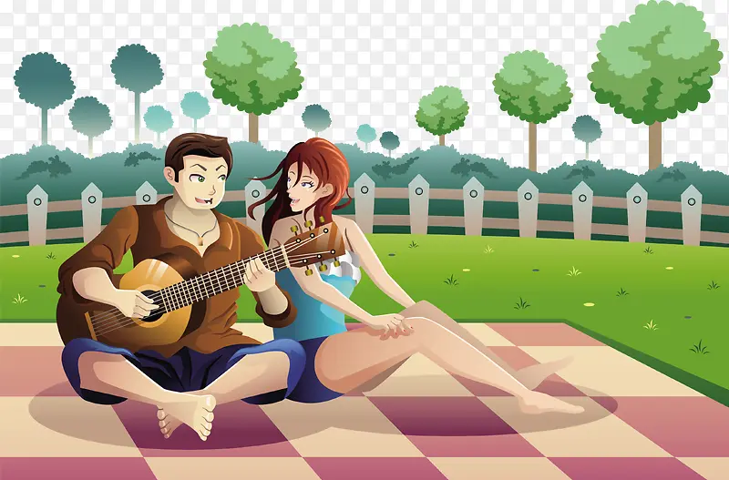 矢量坐在草地弹吉他的情侣