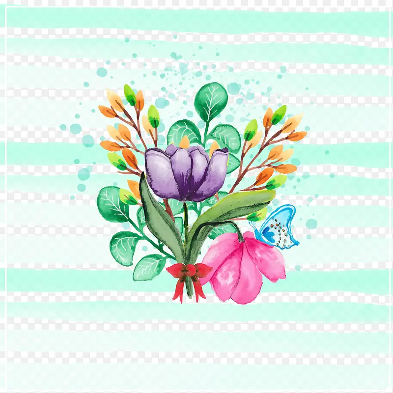 矢量水彩画条纹背景与鲜花