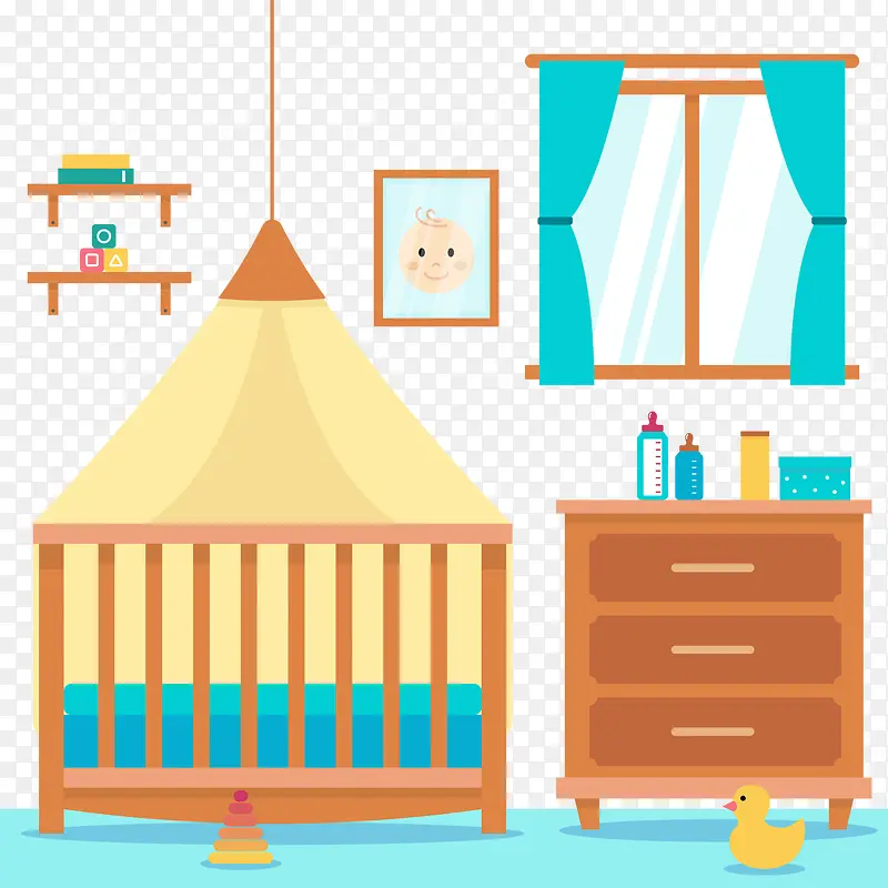 矢量婴儿房间窗口和棕色家具