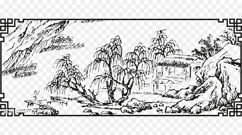手绘线条山水简笔画
