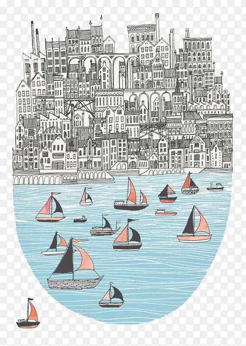 城市帆船建筑主题插画