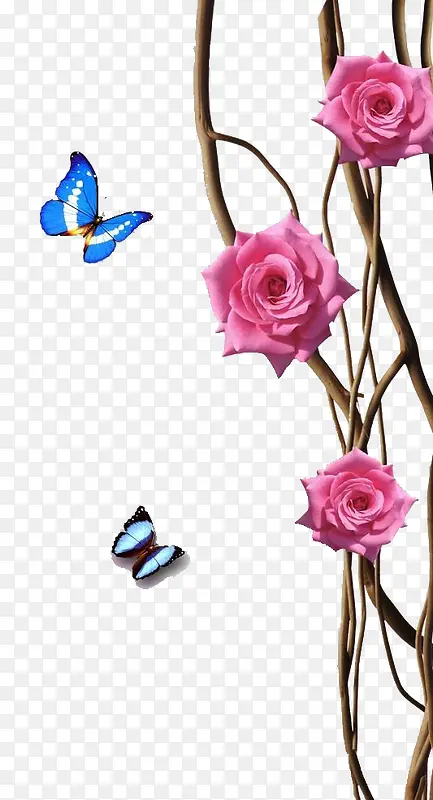 手绘玫瑰树与蝴蝶背景装饰