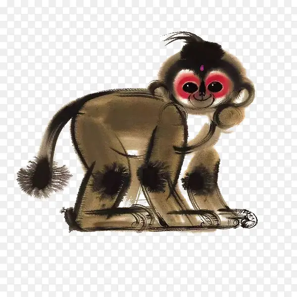 中国风水墨棕色可爱猴子插画免抠