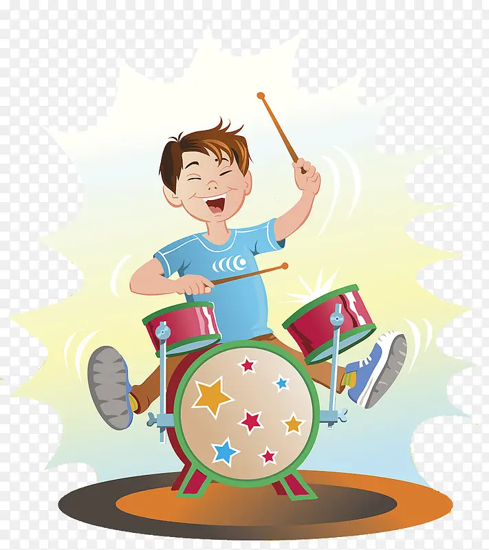 可爱卡通插图表演架子鼓的小男孩