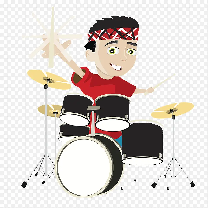 卡通插图表演架子鼓的小男孩