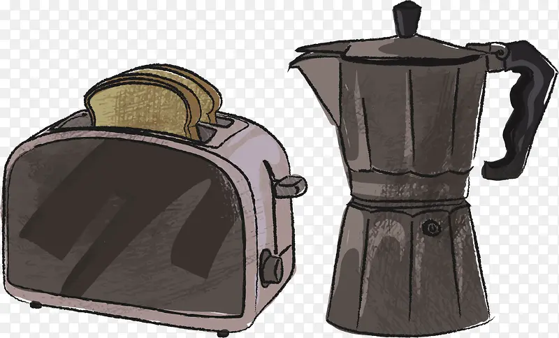 矢量手绘多士炉和咖啡壶