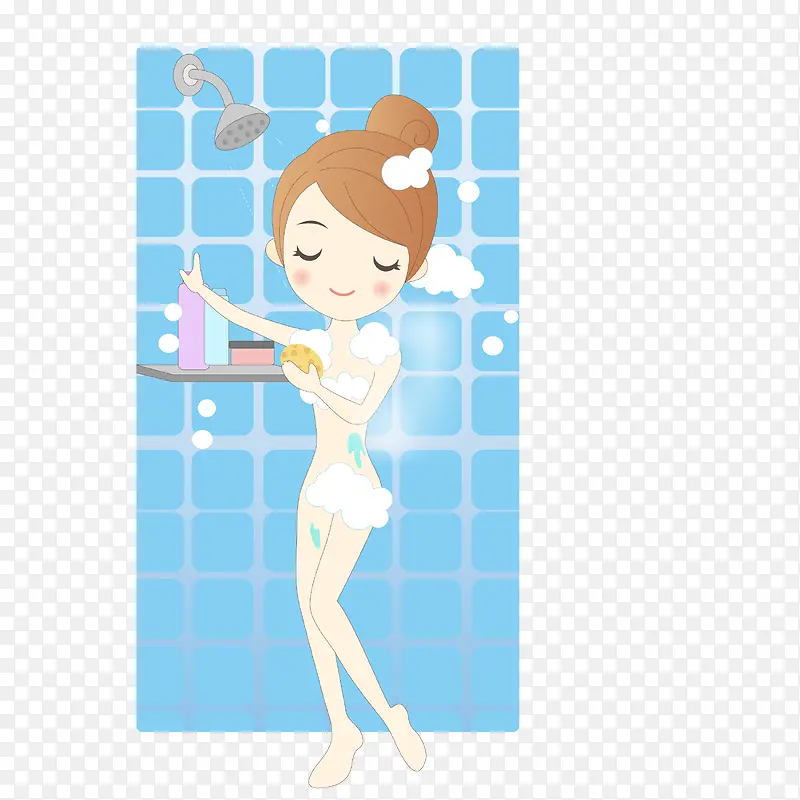 卡通女孩浴室洗澡擦身矢量图