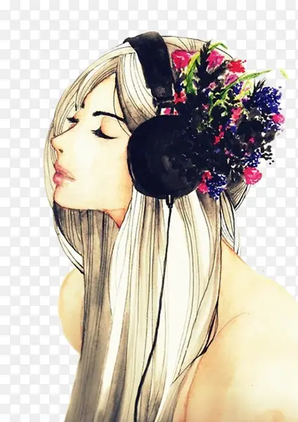 手绘听音乐美女