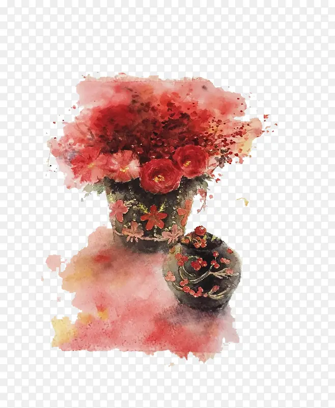 红色梅花黑色底色花瓶与小壶