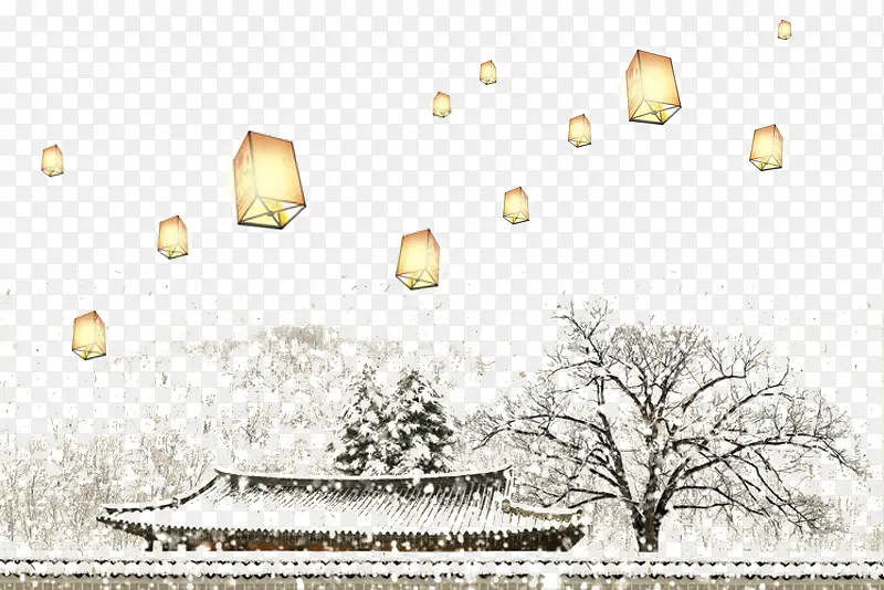 飘扬在雪天里古建筑的孔明灯