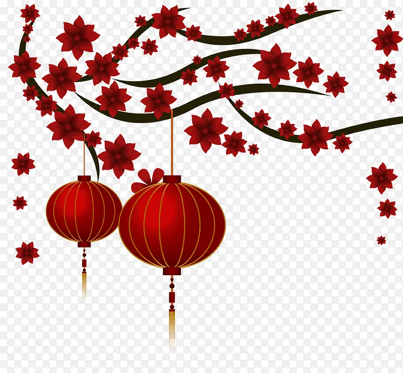 创意中国风树枝与灯笼素材设计