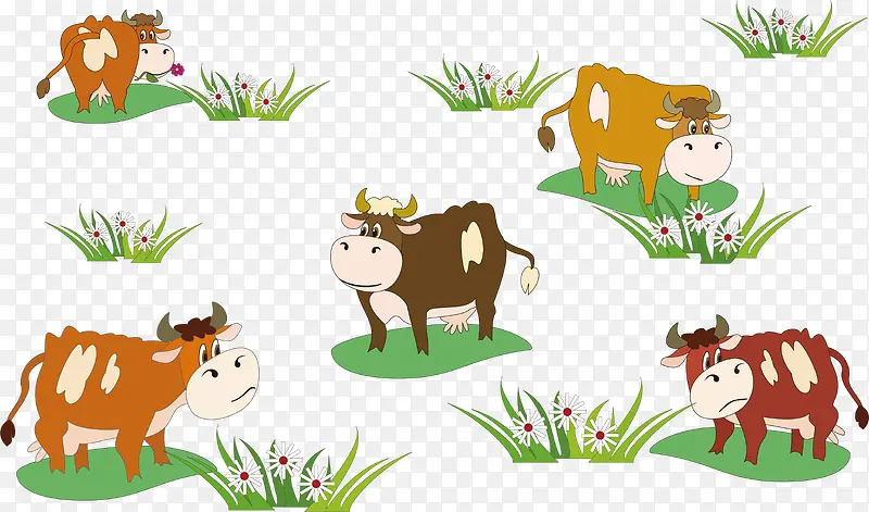 卡通草地上吃草的奶牛
